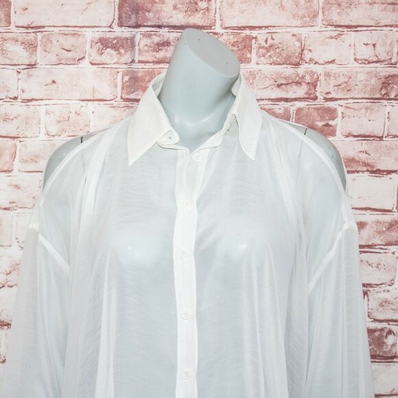 UNIF cut out Cold Shoulder Back Sheer Blouse White Size Medium - Picture 8 of 11